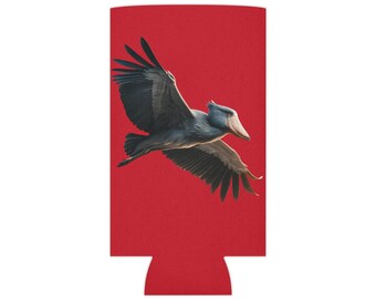 Shoebill Stork in Flight Can Cooler - Soporte de bebida de diseño de pájaro único, enfriador de latas, pájaro prehistórico, amantes de las aves, pájaros de TikTok, rojo