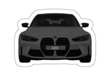 May include: A front view of a gray BMW M3 with a black grille and the text "G80" on the license plate.