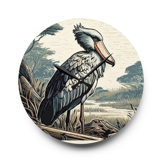 Shoebill Stork Wall Clock: Woodblock Art Style, Bird Lover Decor