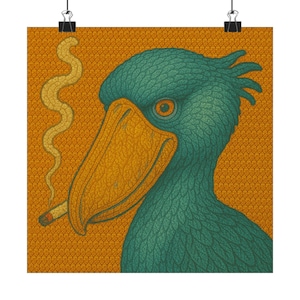May include: A detailed illustration of a Shoebill stork smoking a cigarette. The bird is teal and has an orange beak and eye. The background is orange with a textured pattern. The cigarette is lit and emitting smoke.