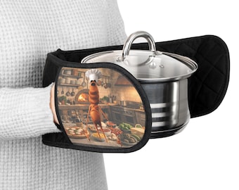 Marcus the Worm Chef Oven Mitts | Kitchen Pot Holder, Retro Baking Decor