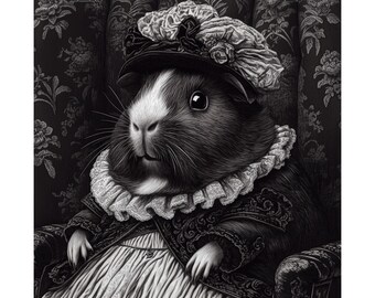 Victorian Guinea Pig Portrait Poster: Black & White Animal Art