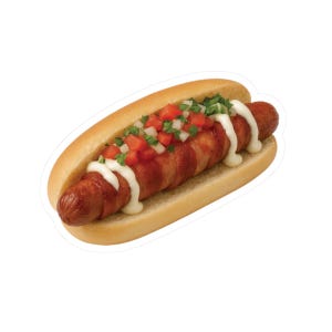 Sonoran Hot Dog Aufkleber, Speck, Jalapeno, Pinto Bohnen, Zwiebeln, Senf, Mayo, Tomaten, Hot Dog Lover BBQ Food Cart