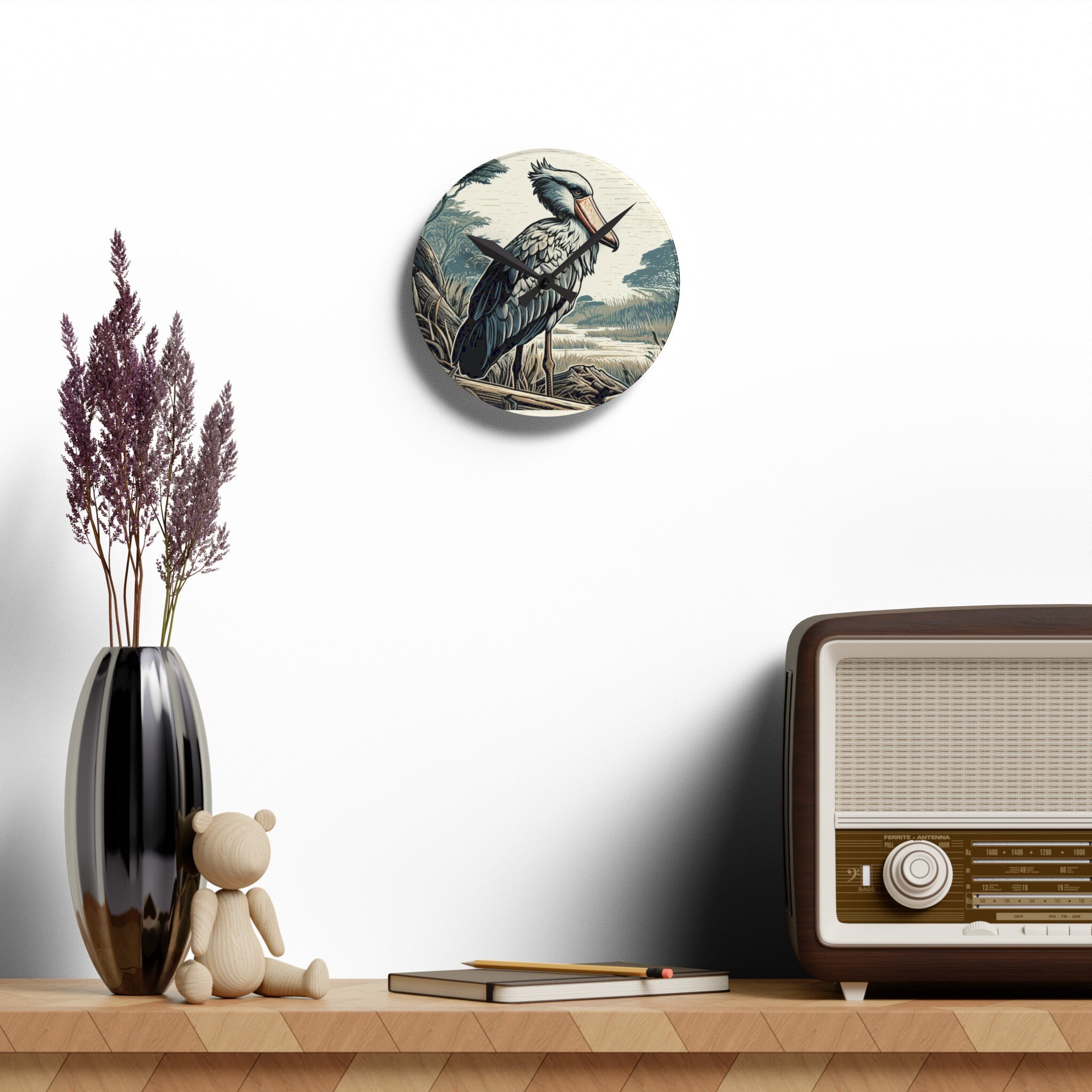Shoebill Stork Wall Clock: Woodblock Art Style, Bird Lover Decor