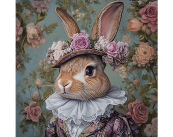Victorian Bunny Poster: Vintage Easter Art, Floral Animal Print