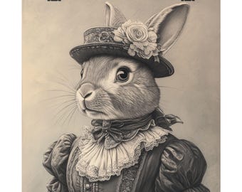 Victorian Bunny Portrait Poster: Black & White Vintage Artwork