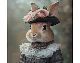 Victorian Bunny Poster: Whimsical Animal Art Print, Pink Flowers
