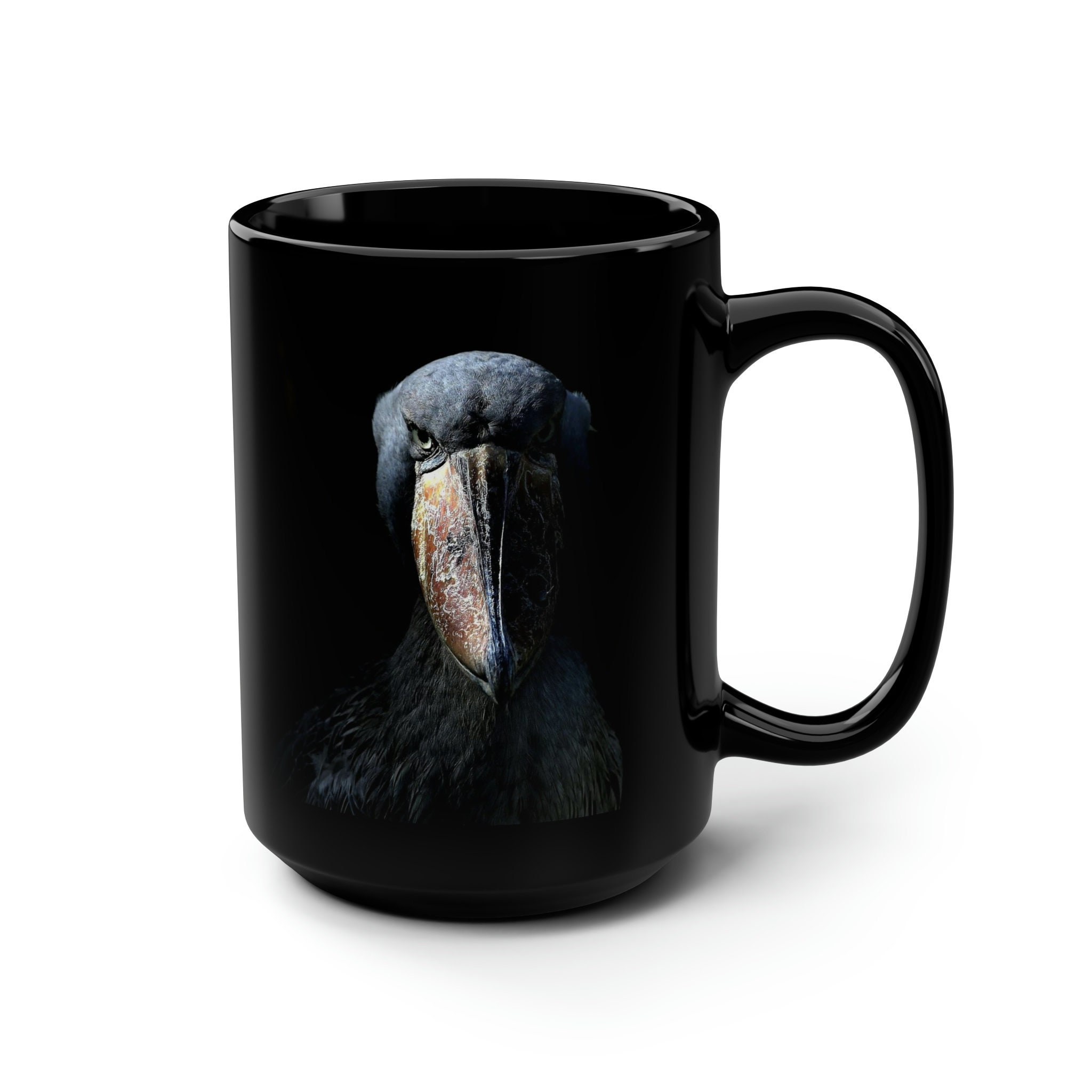 ハシビロコウ コーヒーマグ：黒の光沢のある陶器製、鳥好きの方への