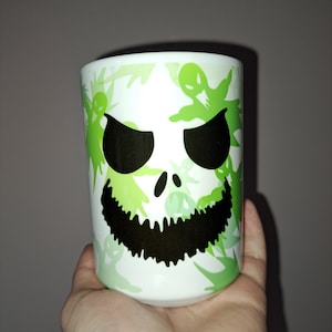 Ceramic mugs, coffee cup, spooky, ghost, Halloween,  green, eyes, night, crow, skull