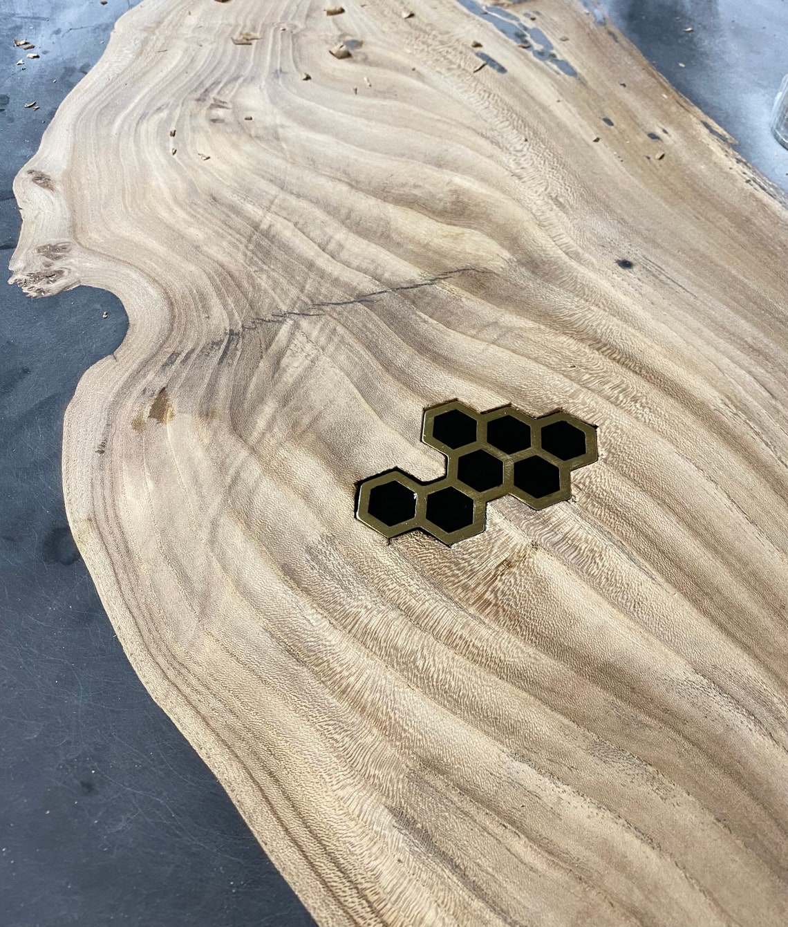 Unique Elm Dining Table With Black Epoxy & Honeycomb Inlay - Custom ...