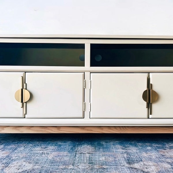 SOLD- do NOT purchase | Mid-Century Stylish TV Table | Beige Blossom | Red Oak Base | Modern Table | Retro Hardware | Gold | Unique Piece