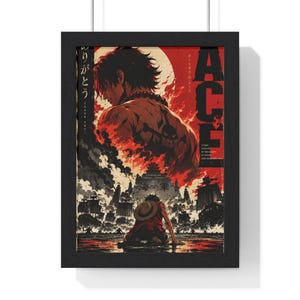 Puede incluir: Un póster vertical enmarcado con una ilustración estilo anime en rojo y negro. Un personaje con sombrero de paja se arrodilla ante una flota de barcos y una gran estructura, mientras una figura mayor con un tatuaje en la espalda domina la escena.