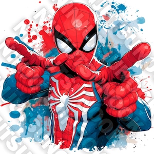 Puede incluir: Ilustración dinámica de Spider-Man con los brazos extendidos. El personaje viste un traje rojo y azul con un emblema de araña blanca. Salpicaduras de pintura roja y azul crean un fondo colorido.