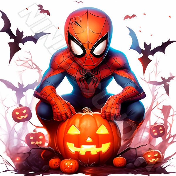 Set of 7 Halloween Spiderman Spiderman for Printing, T-Shirts, Posters and Stickers - SVG, PNG GOLD