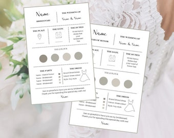 Op de afbeelding: Twee printbare kaarten voor een bruidsmeisje en een getuige. De kaarten hebben secties voor de datum van de bruiloft, de locatie, de kleur van de jurk en de stijl van de jurk. De kaarten bevatten ook een sectie voor de taken van de bruidsmeisje en de getuige.