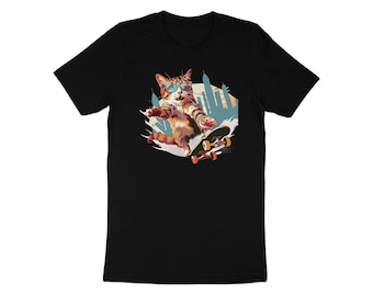 Camiseta con gato que practica skate, camiseta con gráficos de gato geniales, camiseta de skate de estilo urbano, camiseta hipster para amantes de los gatos, tallas unisex para adultos