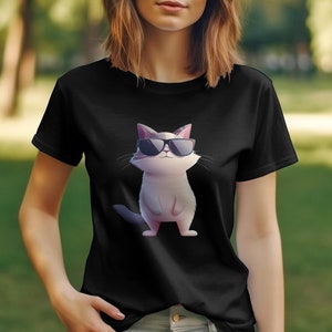 Cool Cat T-Shirt, Sunglasses Cat Graphic Tee, Cute Cartoon Feline Fashion, Stylish Pet Lover Top