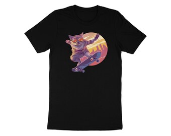 May include: A black t-shirt with a graphic of a cat wearing sunglasses and skateboarding. The cat is in mid-air, with the skateboard beneath it. The background is a sunset with a cityscape in the distance.