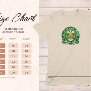 Gildan 64000 Softstyle t-shirt size chart with measurements.