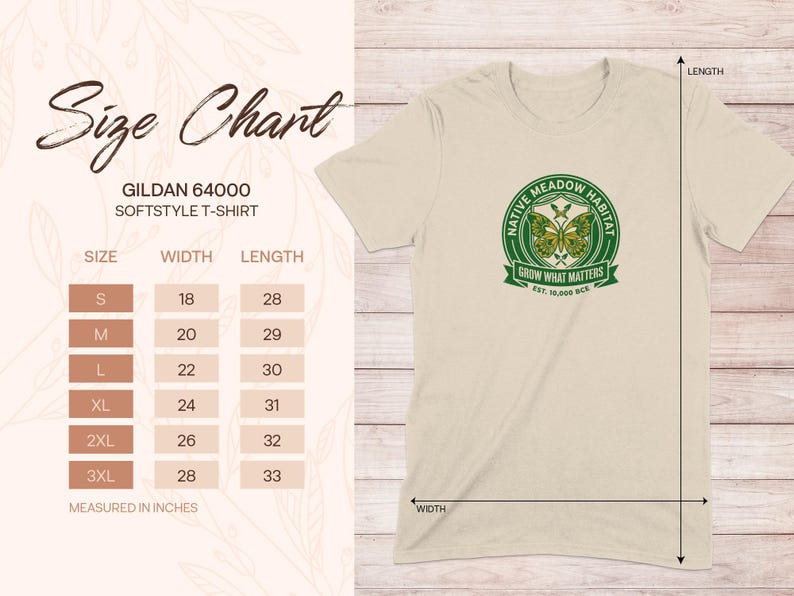 Gildan 64000 Softstyle t-shirt size chart with measurements.
