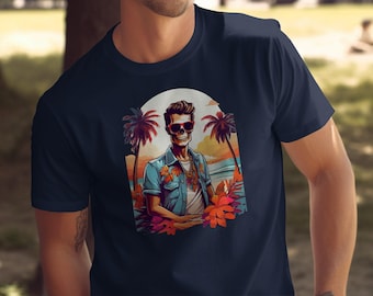 T-shirt met skelet en strandvibes, retro T-shirt met skelet en zonnebril, cool zomers T-shirt met skeletprint, T-shirt met skelet en zonsondergang op het strand