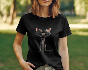Camiseta Cool Cat con gafas de sol, camiseta gráfica divertida de gato negro, top de moda para adultos unisex, ropa de calle informal, regalo único para amantes de los gatos