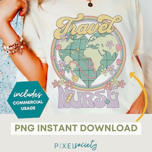 Retro Travel Nurse PNG: Global Heart Design (Digital Download)