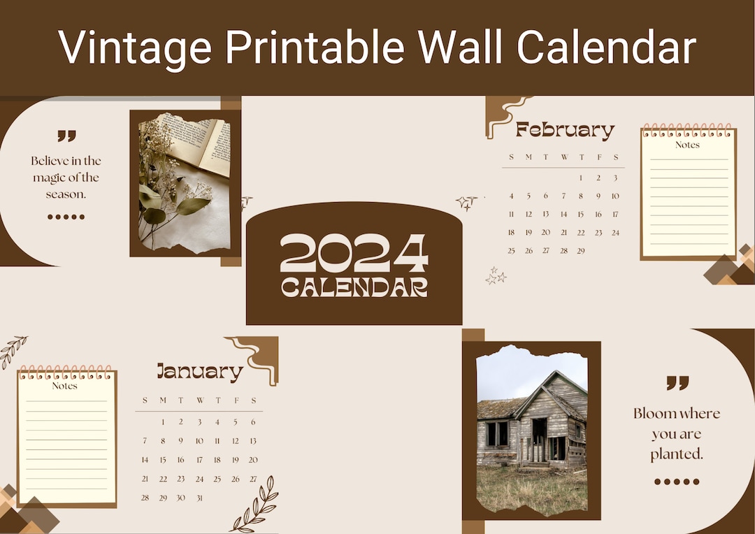 2024 Vintage Wall Calendar Printable A4 Sizehorizontal Etsy