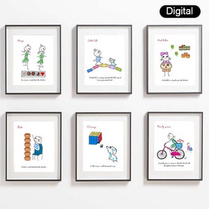 Puede incluir: Seis tarjetas ilustradas con dibujos y texto coloridos. Cada tarjeta presenta una actividad diferente, como bailar, construir una torre y andar en bicicleta. El texto en cada tarjeta describe la actividad de forma humorística.