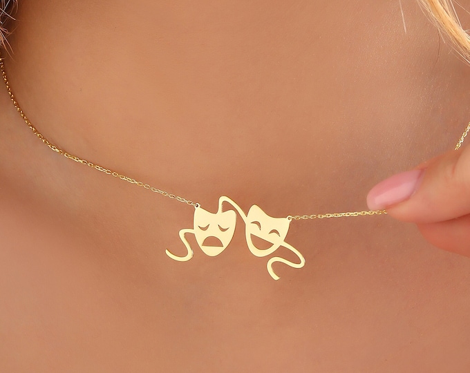 Tragedy Mask Necklace: Dainty 14K Gold or 925 Sterling Silver Drama Pendant