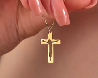 Sterling Silver and 14K Gold Dainty Cross Necklace, Minimalist Christian Crucifix Chain Necklace, Women Mens Jesus Necklace, Birthday Gift