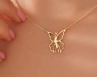 Dainty Fairy Wings y2k Necklace, Custom Minimalist Angel Jewelry, Delicate Goth Butterfly Pendant, 14K Solid Gold Gift, Summer Jewelry