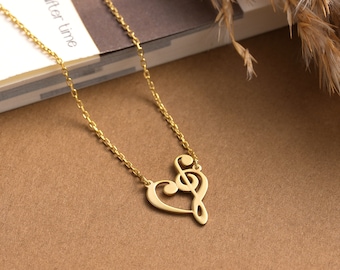 Zierliche kleine Herz Musik Note Halskette, benutzerdefinierte minimalistische Violinschlüssel Schmuck, zarte Sänger Anhänger, 14K Solid Gold und Silber Geschenk