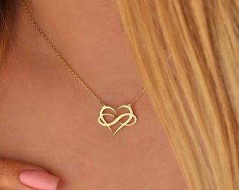 Dainty Unique Infinity Heart Necklace, Custom Minimalist Infinity Heart Jewelry, Delicate Love Pendant, 14K Solid Gold and Silver Gift