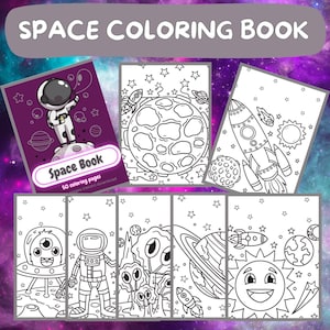Ruimtekleurboek voor kinderen – 50 schattige pagina&#39;s met ruimtethema, astronaut, raket, planeten | Digitale download-pdf, leuke STEM-activiteit