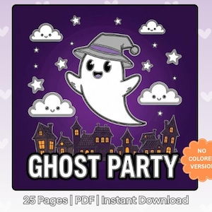 Könnte beinhalten: Eine digitale Illustration mit einem freundlichen Geist mit Hexenhut, umgeben von Sternen und lächelnden Wolken, vor einem lila Hintergrund. Der Text "GHOST PARTY" wird unter dem Geist angezeigt, mit einer Stadtsilhouette.