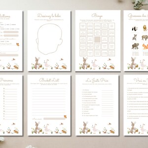 May include: A set of eight printable baby shower games on white paper. Each sheet has a different game, including "Predictions" and "Bingo", with decorative illustrations of bunnies, birds, and flowers. The text is in a soft, elegant font.