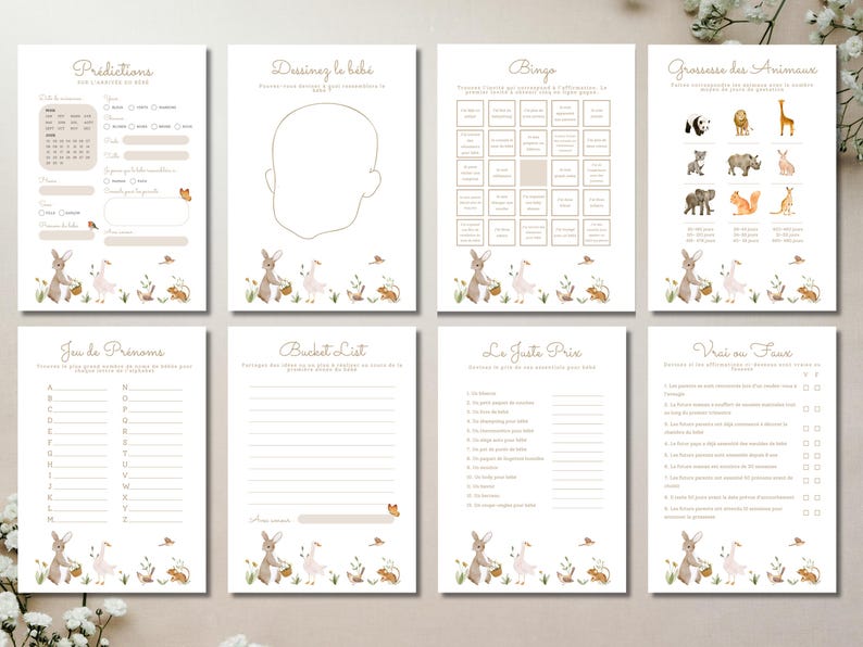 May include: A set of eight printable baby shower games on white paper. Each sheet has a different game, including "Predictions" and "Bingo", with decorative illustrations of bunnies, birds, and flowers. The text is in a soft, elegant font.