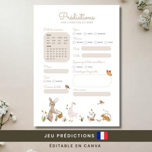Peut inclure: Une carte de prédictions pour baby shower blanche avec le texte Préditions sur l'arrivée du bébé, incluant des sections pour la date, l'heure, le sexe, les yeux, les cheveux, le poids, la taille et des conseils, illustrée d'un lapin et d'oiseaux.