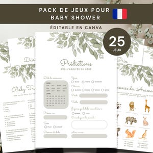 Pu&ograve; includere: Una collezione di schede di gioco stampabili per baby shower con un design a foglie di eucalipto verdi nella parte superiore. Le schede includono testo in francese come Pr&eacute;ditions, Baby Trivia e varie sezioni da compilare per gli ospiti.