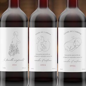 Bundle de 3 Annonce Grossesse Étiquette, bébé, Annonce Famille, Marraine, Étiquette de vin Naissance, Français, Minimaliste, Kit, Set, trois