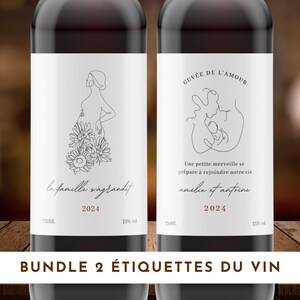 Bundle de 2 Annonce Grossesse Étiquette, bébé, Annonce Famille, Marraine, Étiquette de vin Naissance, Français, Minimaliste, Kit, Set, Pack