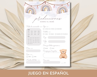 Spanish baby shower, Juegos baby shower en español, predicciones del bebé, tarjetas gender reveal, niño o niña, instant download, editable