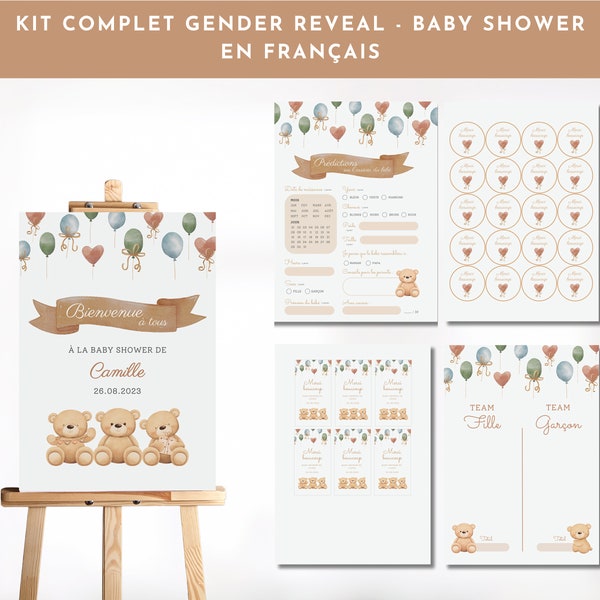 Kit Complet gender reveal, Jeux Baby Shower, Editable template, Carton Prédiction shower de bébé en français, Naissance de bébé, décoration