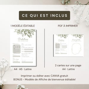 Pu&ograve; includere: Un modello digitale di scheda per previsioni baby shower con illustrazioni di foglie botaniche verdi. Il testo include CE QUI EST INCLUS, 1 MOD&Egrave;LE &Eacute;DITABLE, PDF &Agrave; IMPRIMER, 2 cartes sur une page, A4, A5, Lettre, Canva e un cartello di benvenuto bonus.