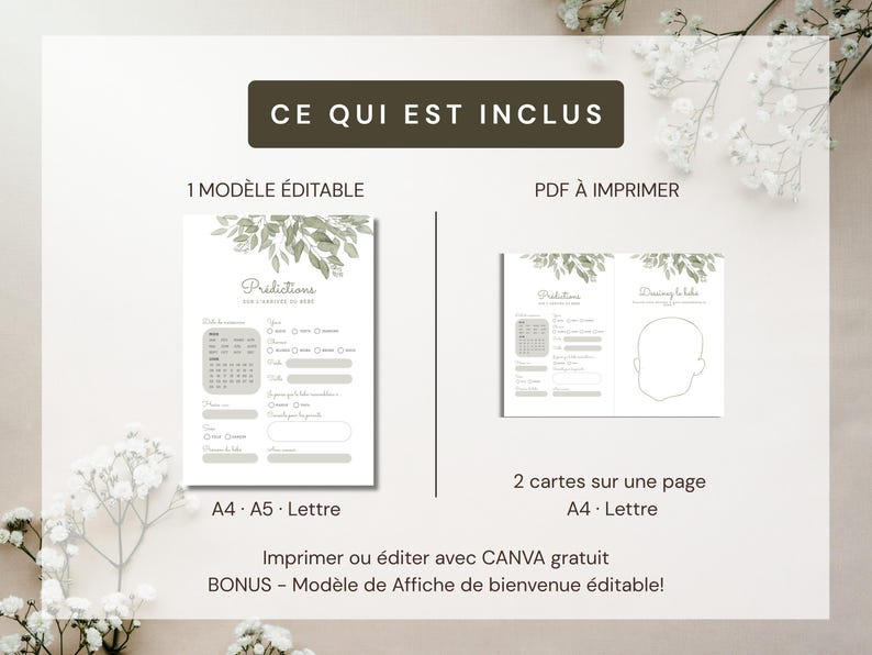 Pu&ograve; includere: Un modello digitale di scheda per previsioni baby shower con illustrazioni di foglie botaniche verdi. Il testo include CE QUI EST INCLUS, 1 MOD&Egrave;LE &Eacute;DITABLE, PDF &Agrave; IMPRIMER, 2 cartes sur une page, A4, A5, Lettre, Canva e un cartello di benvenuto bonus.