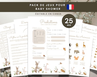 25 Jeux Baby Shower Français, Lot de Jeux, Prédictions Bébé, Giochi Baby Shower, Jeux pour Shower de Bébé, Imprimable Editable