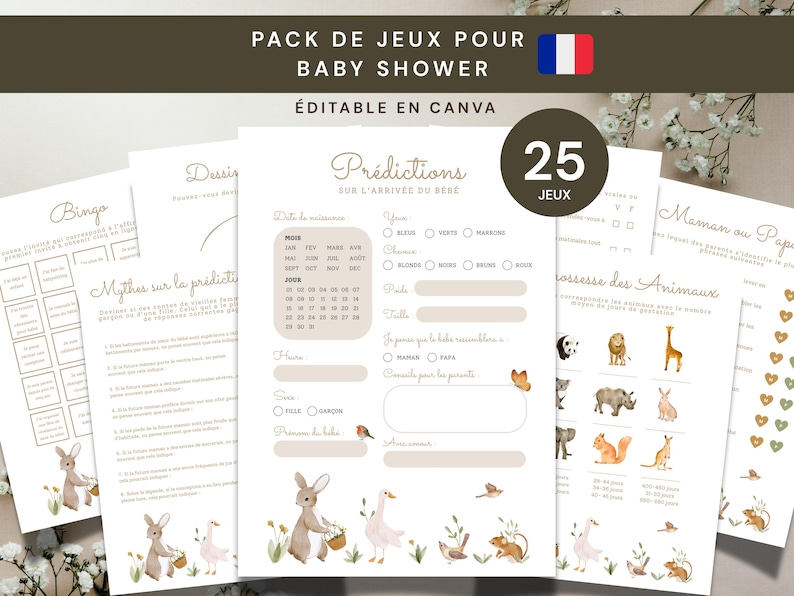 May include: A collection of printable baby shower games with a neutral color palette. The games include bingo, prediction cards, and animal matching. The text on the top reads "PACK DE JEUX POUR BABY SHOWER &Eacute;DITABLE EN CANVA".