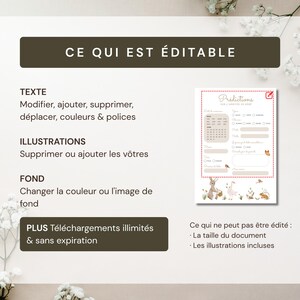 May include: A digital printable featuring the text "CE QUI EST &Eacute;DITABLE" and "Predictions". The design includes a calendar, checkboxes, and illustrations of animals. The text indicates the editable elements of the document.