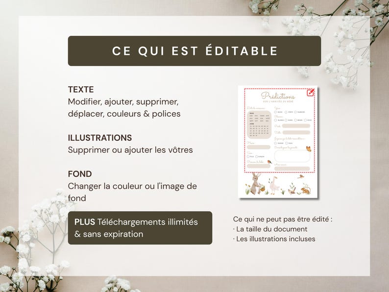 May include: A digital printable featuring the text "CE QUI EST &Eacute;DITABLE" and "Predictions". The design includes a calendar, checkboxes, and illustrations of animals. The text indicates the editable elements of the document.
